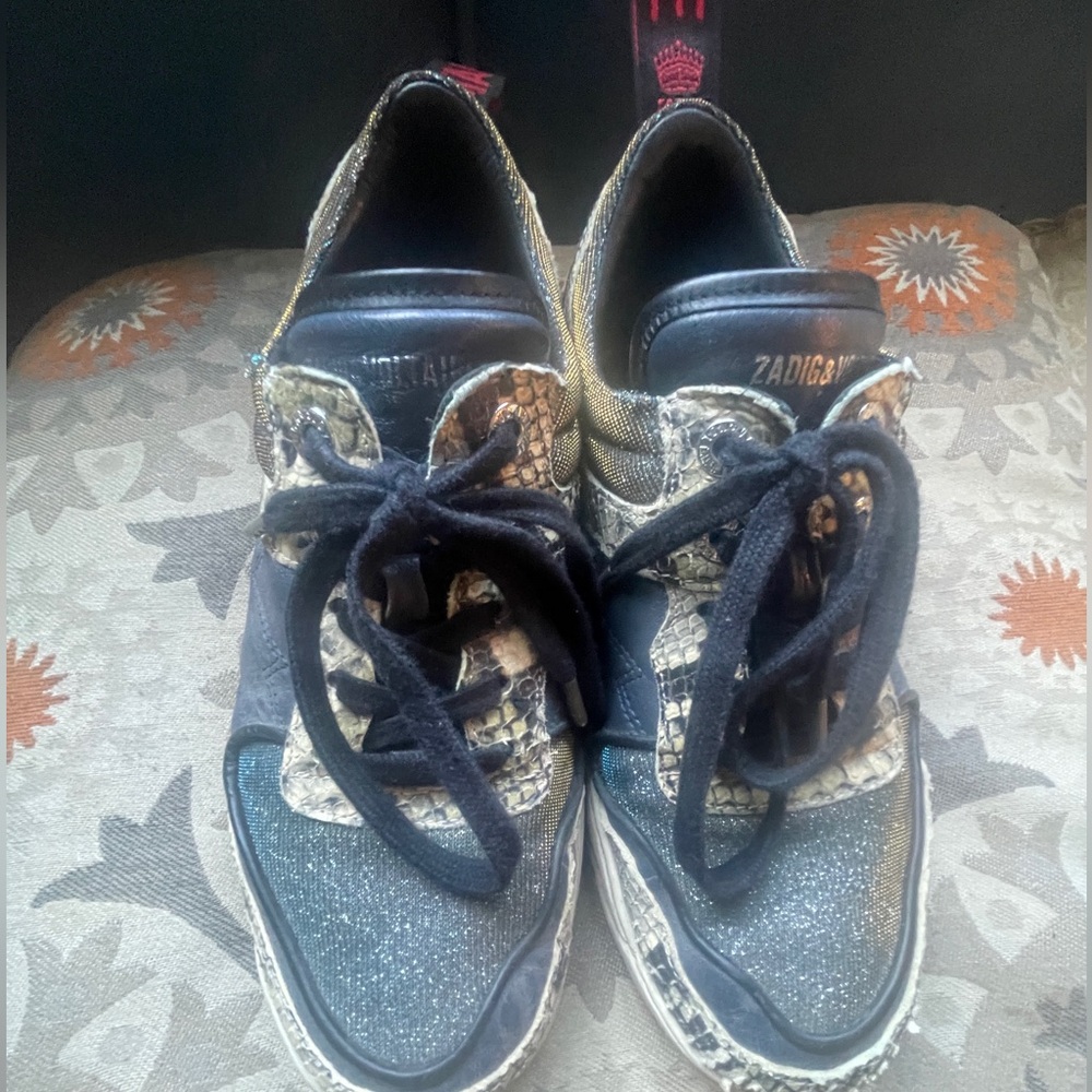 Zadig & Voltaire Black and Navy Leather sneakers with Snakeskin detail